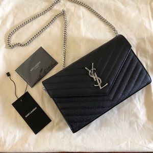 Ysl black handbag clutch w silver chain